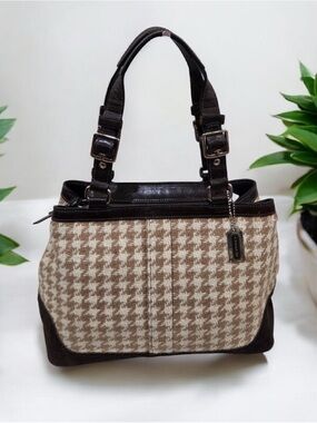 Coach Brown and Beige Houndstooth Shoulder Bag